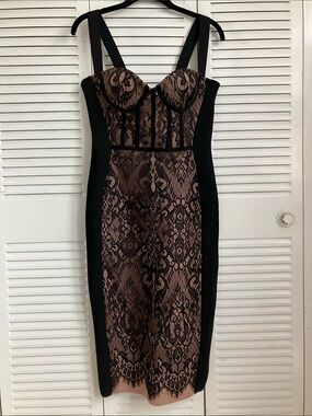 Black and Nude Lace Midi Dress with Bustier Corset Elastic Straps